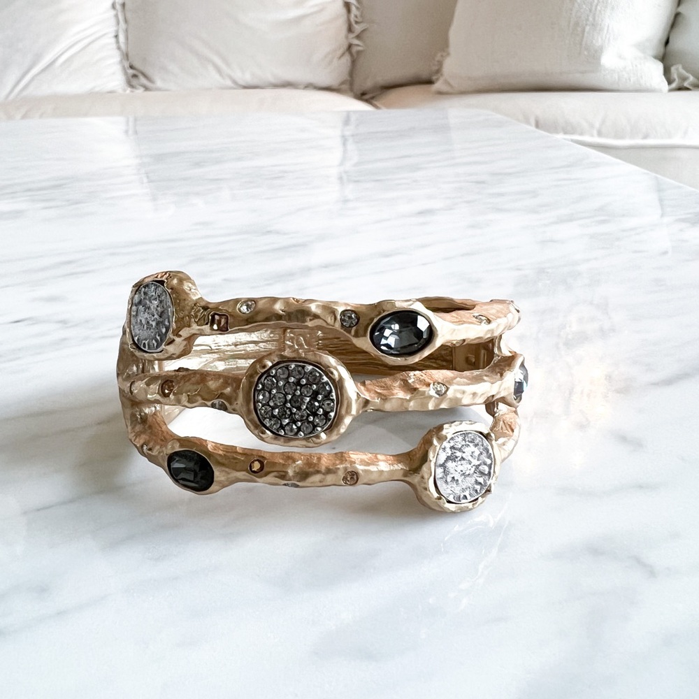 Gold Capri 3 Row Coin & Crystal Pavé Bangle - Picture 2 of 9